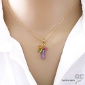 Pendentif breloque lépidolite, plaqué or et gri-gri en pierre semi-précieuse, collier, fait main, créations by Alicia