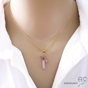 ras de cou rose pendentif breloque quartz rose plaqué or collier gri-gri pierre rose fait main créations by Alicia