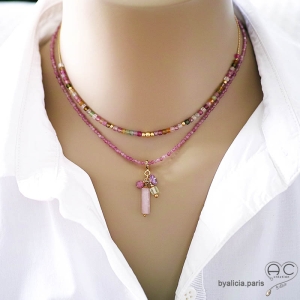 bijoux créateur artisanaux pierre rose quartz rose or collier ras du cou femme raffiné délicat fait sur-mesure en France