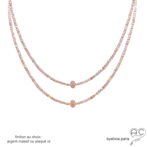 pierre rose rhodochrosite plaqué or ou argent massif ras de cou choker collier femme fait main sur-mesure en France