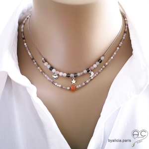 bijoux créateur femme collier choker marron orange pierre naturelle argent fait sur mesure