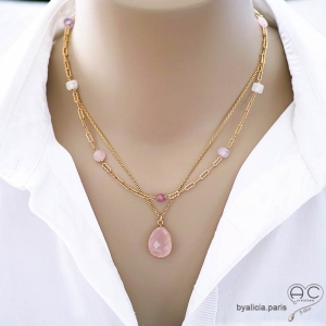 bijoux créateur artisanaux femme pierre quartz rose plaqué or collier ras du cou fait main sur mesure en France