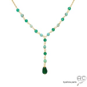 agate verte plaqué or collier femme ras de cou cravate raffiné discret fait main en France