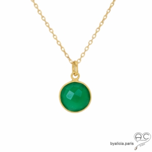 pierre agate verte plaqué or ras du cou collier cravate vert femme artisanal fait en France