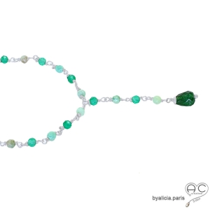 pierre onyx agate verte argent collier femme ras de cou en forme Y fabriqué à la main en France