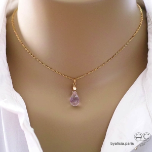 ras de cou violet femme pendentif améthyste goutte plaqué or fait main, en France