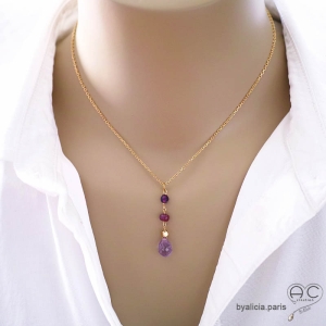 collier violet femme ras de cou pendentif long pierre améthyste rubis fait sur mesure