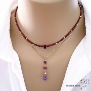 bijoux artisanaux pierres violette rouge améthyste rubis grenat collier ras du cou pendentif créateur