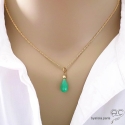 Collier, pendentif chrysoprase goutte, plaqué or, pierre naturelle verte, fait main, création by Alicia