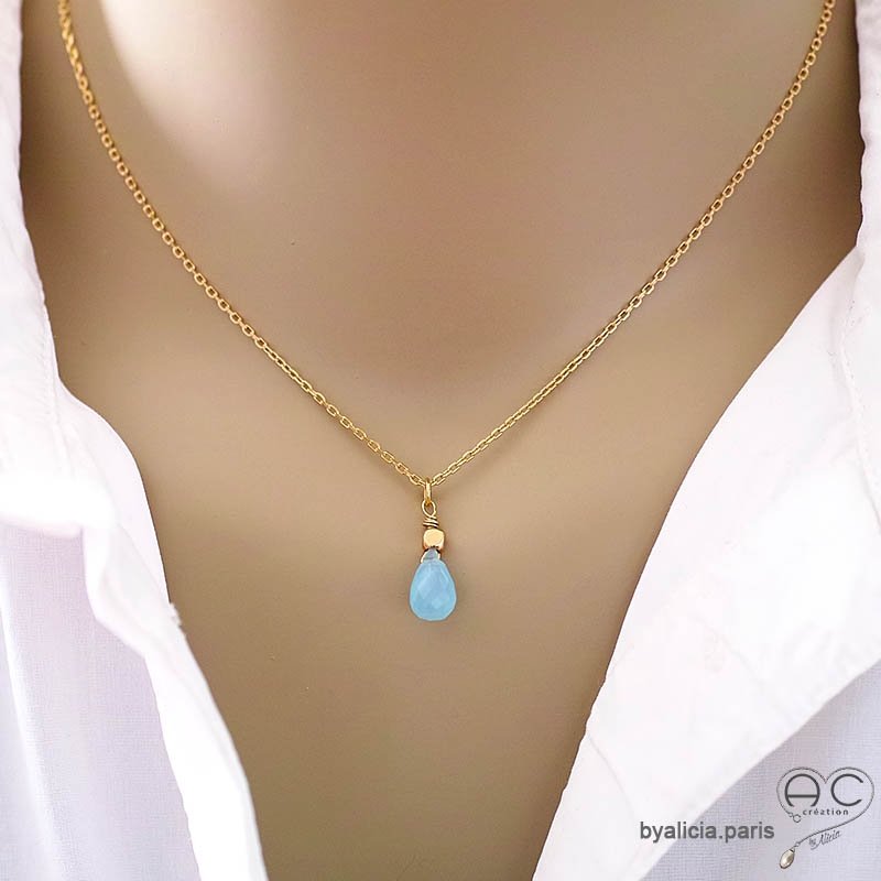 ras de cou bleu femme pendentif calcédoine bleu plaqué or artisanal fait en France