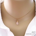 Collier, pendentif quartz rose goutte, plaqué or, pierre naturelle, fait main, création by Alicia