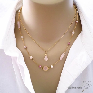 bijoux créateur artisanaux en quartz rose et plaqué or collier ras de cou pendentif femme fait en France