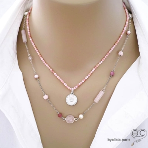 bijoux artisanaux femme pierres roses collier ras du cou créateur rose femme