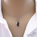 Pendentif breloque onyx, argent massif rhodié et gri-gri en pierre semi-précieuse, collier, fait main, créations by Alicia