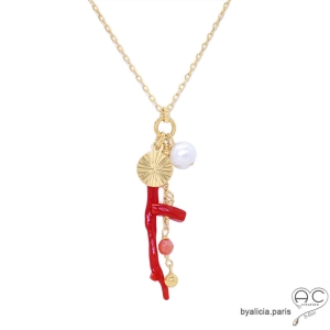 corail rouge ras de cou pendentif rouge plaqué or femme fait sur mesure en France