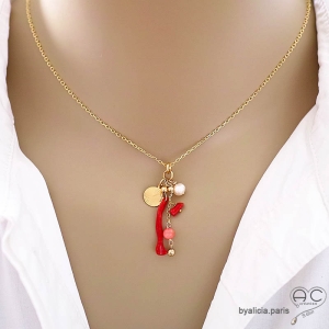 Collier pampilles corail véritable rouge perle de culture médaille soleil plaqué or artisanal création by Alicia