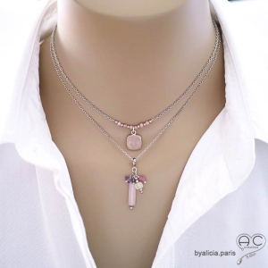 bijoux artisanaux créateur quartz rose argent collier ras du cou pendentif rose femme fabriqué à le main en France