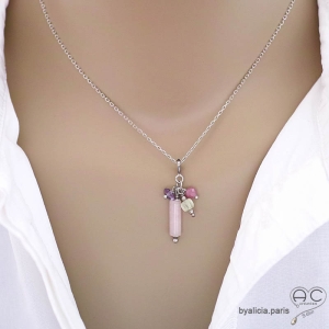 ras de cou rose pendentif breloque quartz rose argent massif  fait main créations by Alicia