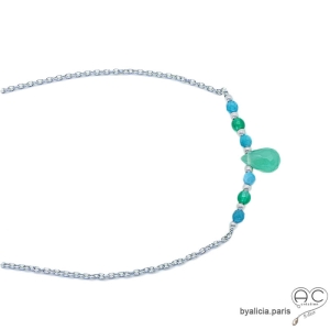 pierre agate verte et apatite bleue argent collier ras du cou choker femme fait en France