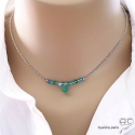 Collier agate verte goutte entourée d\'apatites bleues sur une chaîne en argent massif 925 rhodié, ras de cou, création by Alicia