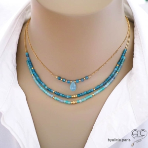 bijoux artisanaux pierres bleues plaqué or collier ras du cou bleu femme fabriqué à la main en France