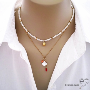 bijoux créateur artisanaux collier ras du cou pendentif blanc et rouge or fabriqué à la main en France