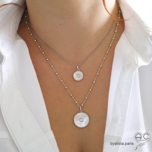 bijoux nacre argent collier ras du cou pendentif médaille minimaliste