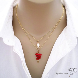 bijou rouge or femme corail rouge ras du cou pendentif  créateur femme délicat