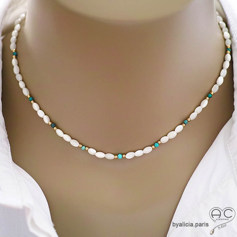 Collier ras de cou fin nacre blanche et turquoise plaqué or ou argent fait man sur mesure création by Alicia