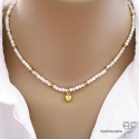 Collier fin nacre blanche et pampille coeur en plaqué or ou argent, fait man, création by Alicia
