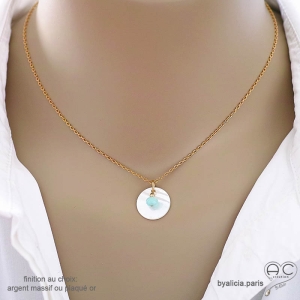 nacre blanche et amazonite ras du cou plaqué ou argent pendentif blanc rond collier fait sur mesure