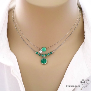 bijoux vertes artisanaux créateur collier ras de cou choker onyx verte argent massif agate verte fabriqué à la main en France