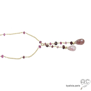 pierre strawberry quartz plaqué or pierre naturelle bordeaux rose ras du cou avec pendentif long femme raffiné artisanal