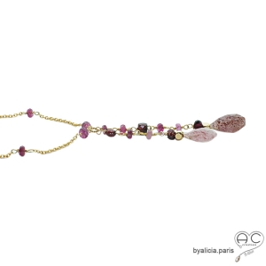 Collier avec double pendant en strawberry quartz goutte, grenat et tourmaline, plaqué or, fait man, création by Alicia