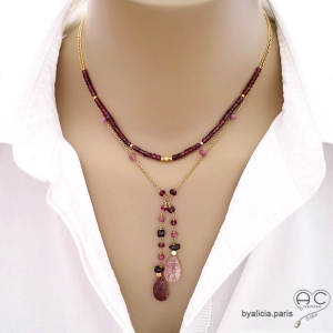 bijoux artisanaux créateur pierres naturelles rouge bordeaux rose collier ras de cou cravate fait à la main sur mesure