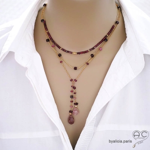 bijoux pierres naturelles couleur bordeaux rose rouge et plaqué or collier femme fabriqué à la main en France