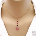 Collier fin avec pendant en strawberry quartz goutte, grenat et tourmaline, plaqué or, femme, chic, fait man, création by Alicia