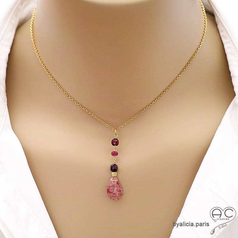 ras de cou fin avec pendant en strawberry quartz goutte, grenat et tourmaline, plaqué or, femme, artisanal fait en France