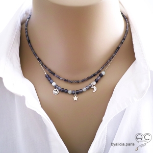bijoux bleues artisanaux créateur collier ras du cou femme pierre iolite saphir d'eau argent fait sur mesure