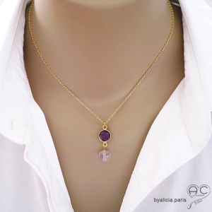 ras de cou femme pierre violette améthyste plaqué or fait sur mesure en France