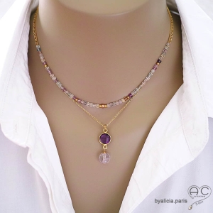 bijoux collier ras du cou choker en améthyste plaqué or et pierre violette fabriqué à la main en France