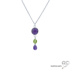 ras de cou femme pendentif en améthyste peridot argent collier violet vert fait sur mesure