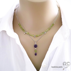 bijoux artisanaux créateur femme en argent améthyste peridot collier pendentif ras de cou choker pierre naturelle