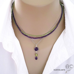 bijoux femme collier ras de cou choker pendentif en améthyste et peridot fabriqué à la main en France