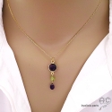 Collier, pendentif améthyste et peridot, plaqué or, fait main, création by Alicia
