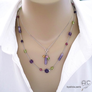 bijoux créateur artisanaux femme pierres naturelles sautoir collier ras du cou violet fait main sur mesure