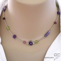 Collier, sautoir, améthyste, péridot, tourmaline, chaîne argent massif, fin, fait main, création by Alicia