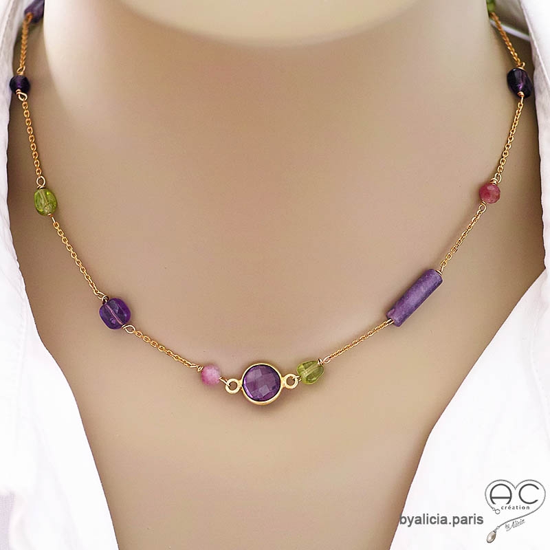 collier ras de cou femme pierre violette plaqué or améthyste fait à la main en France