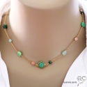 Collier, sautoir, chrysoprase, agate verte, calcédoine agua, chaîne plaqué or, fait main, création by Alicia