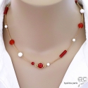 Collier, sautoir, cornaline et agate blanche, chaîne plaqué or, fin, fait main, création by Alicia